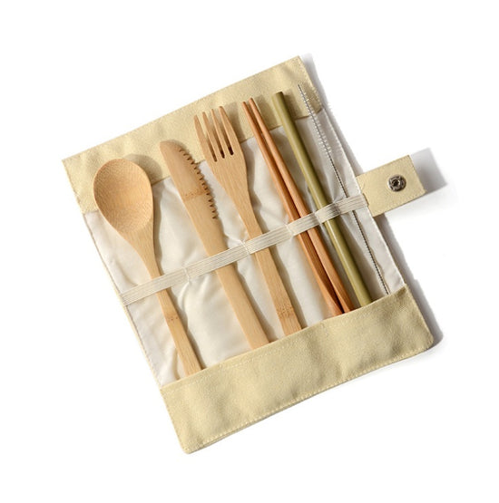 Eco Bamboo Travel Cutlery Set with Canvas Pouch and Straw Brush