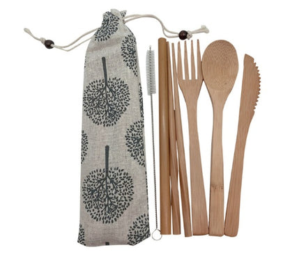 Eco Bamboo Travel Cutlery Set with Canvas Pouch and Straw Brush