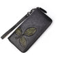 Retro Cowhide Chain Wallet – Long Zip Clutch with Floral Motif