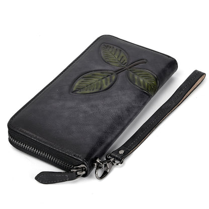 Retro Cowhide Chain Wallet – Long Zip Clutch with Floral Motif