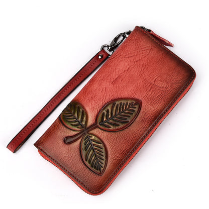 Retro Cowhide Chain Wallet – Long Zip Clutch with Floral Motif
