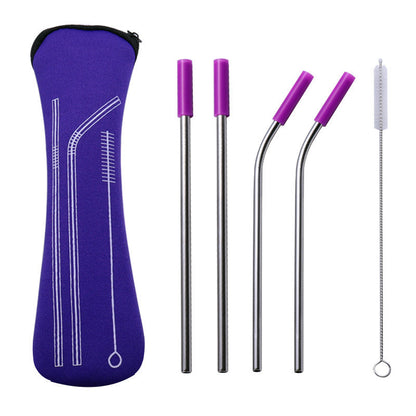 Reusable 304 Stainless Steel Straw Set with Cleaning Brush and Travel Pouch