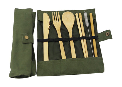 Eco Bamboo Travel Cutlery Set with Canvas Pouch and Straw Brush