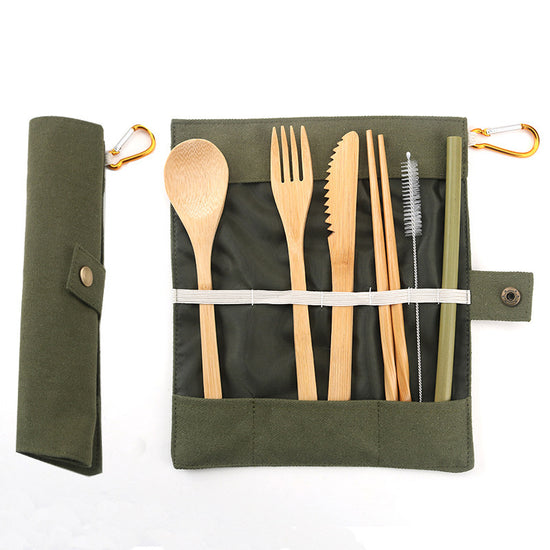 Portable Bamboo Cutlery Set with Canvas Roll Bag