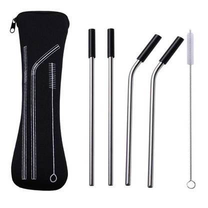 Reusable 304 Stainless Steel Straw Set with Cleaning Brush and Travel Pouch