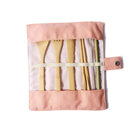 Eco Bamboo Travel Cutlery Set with Canvas Pouch and Straw Brush