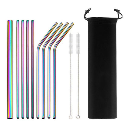 Minimalist Stainless Steel Straw Set | 9 Straws and Brushes in Pouch