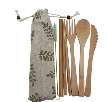 Eco Bamboo Travel Cutlery Set with Canvas Pouch and Straw Brush